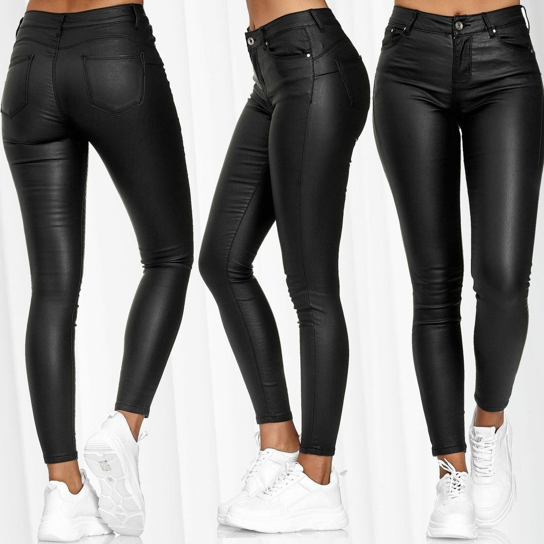 Damen Lederleggings High Waist in Lederoptik | Vegane Stretchleggings mit Skinny Fit, Five-Pocket-Design und hohem Bund