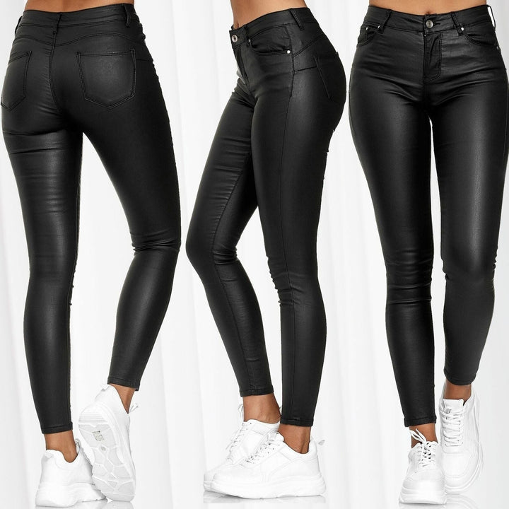 Damen Lederleggings High Waist in Lederoptik | Vegane Stretchleggings mit Skinny Fit, Five-Pocket-Design und hohem Bund