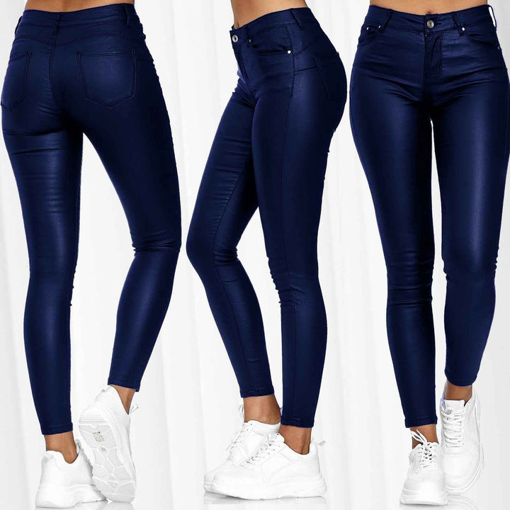 Damen Lederleggings High Waist in Lederoptik | Vegane Stretchleggings mit Skinny Fit, Five-Pocket-Design und hohem Bund