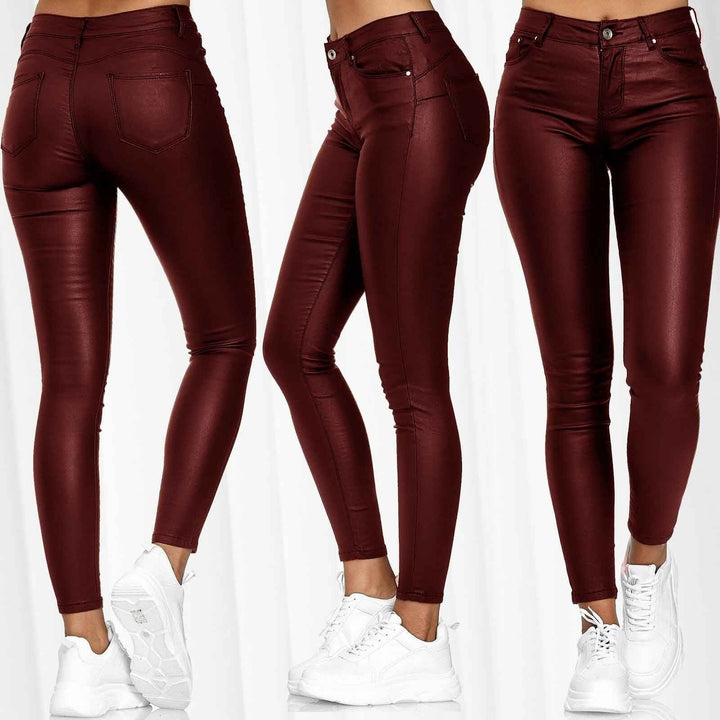 Damen Lederleggings High Waist in Lederoptik | Vegane Stretchleggings mit Skinny Fit, Five-Pocket-Design und hohem Bund