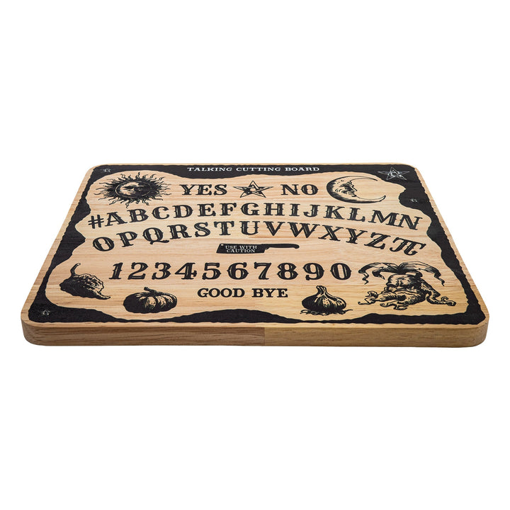 Ouija Schneidebrett aus Holz | Küchenbrett mit mystischem Ouija-Motiv, Alphabet, Zahlen und Mond | Geöltes Gummibaumholz 30 x 25 cm