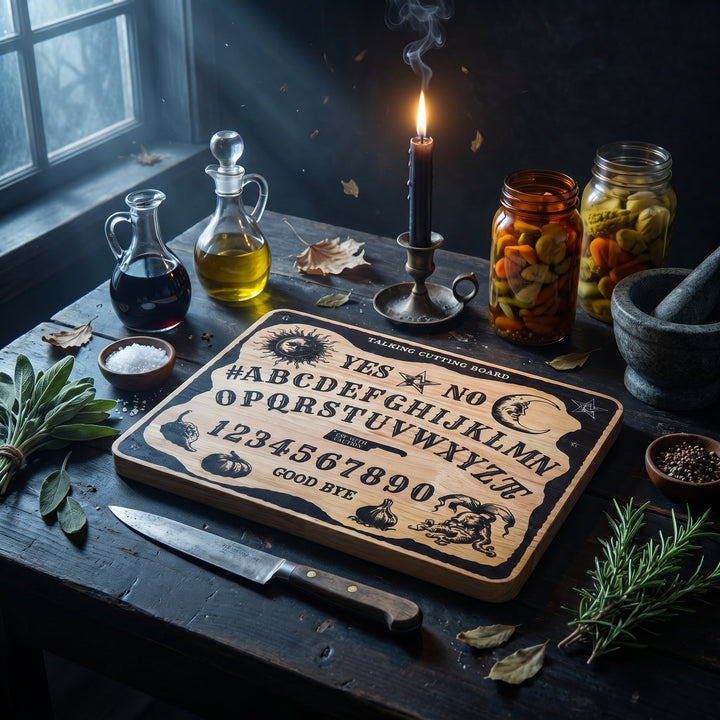 Ouija Schneidebrett aus Holz | Küchenbrett mit mystischem Ouija-Motiv, Alphabet, Zahlen und Mond | Geöltes Gummibaumholz 30 x 25 cm