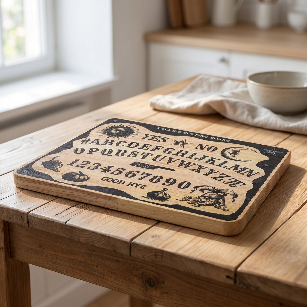 Ouija Schneidebrett aus Holz | Küchenbrett mit mystischem Ouija-Motiv, Alphabet, Zahlen und Mond | Geöltes Gummibaumholz 30 x 25 cm