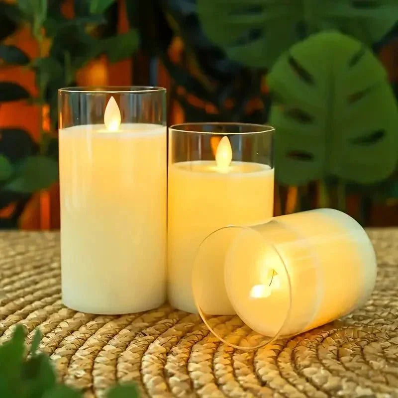 LED Kerzen im Glas 3er Set mit Fernbedienung | Stufenlos dimmbar mit Timer | Transparent, Rauchgrau oder Bernstein