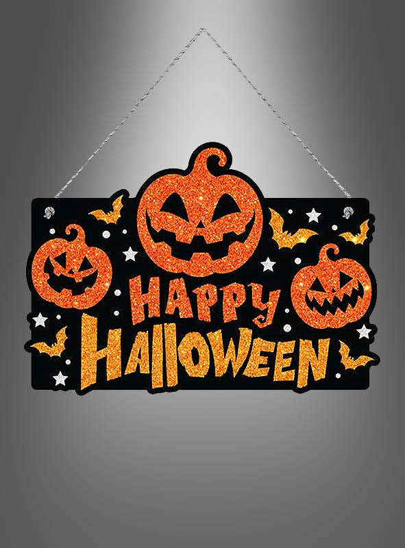 Happy Halloween Schild 37 x 27 cm | Halloween Türschild mit orangefarbenen Glitzer Kürbissen zum Aufhängen für Tür und Wand
