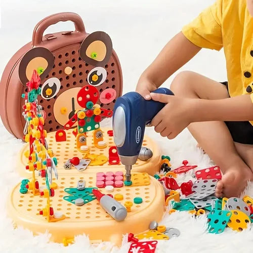 Kinder Konstruktionsset mit Spielzeug-Bohrmaschine | Schraubspielzeug im Werkzeugkoffer | Kreatives Bauen mit Schrauben &amp; Muttern | Fördert Motorik &amp; Kreativität