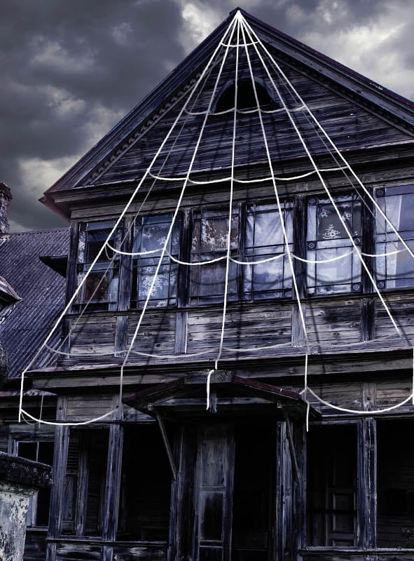 Halloween Spinnennetz 5 m | Riesiges weißes Deko-Netz mit Haken und Pflöcken für Hauswand, Garten und Halloween-Partys