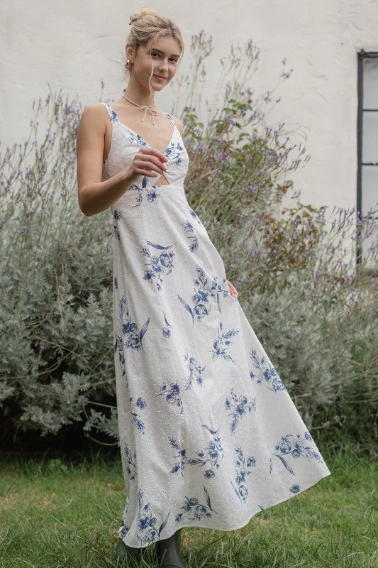 Damen Maxi-Kleid mit Blumenmuster | Baumwoll-Sommerkleid mit V-Ausschnitt &amp; Cut-Out | Luftiges Freizeitkleid