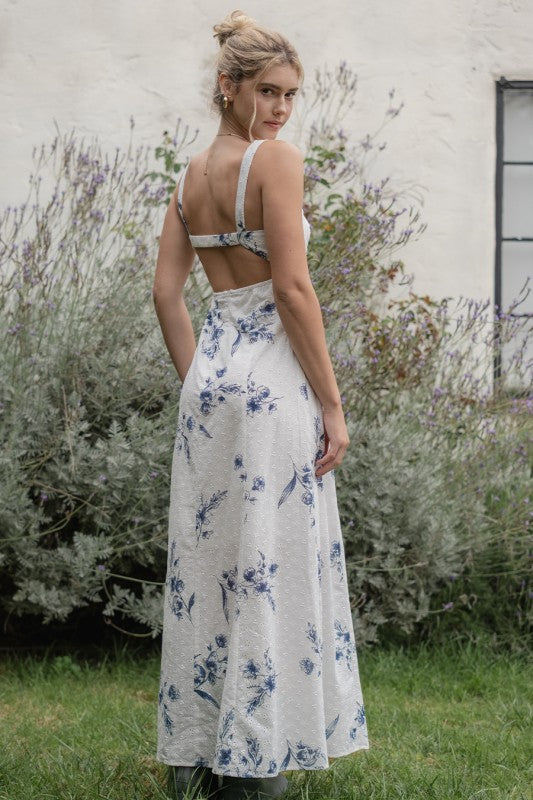 Damen Maxi-Kleid mit Blumenmuster | Baumwoll-Sommerkleid mit V-Ausschnitt &amp; Cut-Out | Luftiges Freizeitkleid