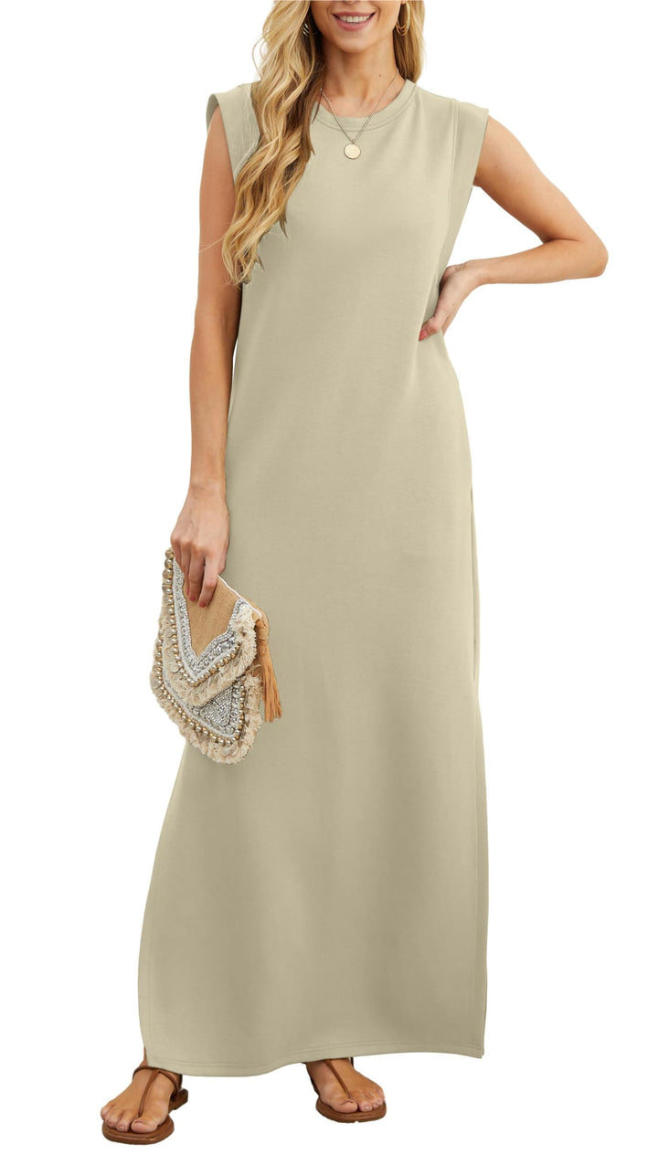 Damen Maxikleid mit Seitenschlitz | Ärmelloses Sommerkleid mit Taschen | Lockeres Freizeitkleid