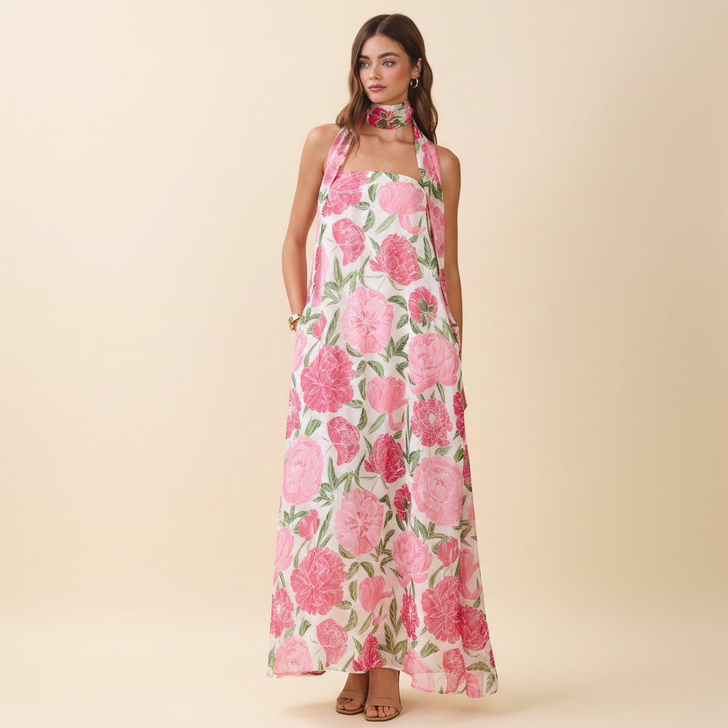 Rosé Garten-Schal MaxiDamen Maxi-Kleid mit Blumenmuster &amp; Neckholder | Luftiges Sommerkleid mit Schal-Detail | Fließende PassformKleid