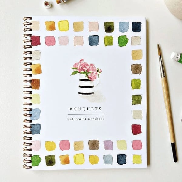 Cahier de travail aquarelle pour débutants | 12 motifs avec guide étape par étape | Papier 120 lb, 6,5"×9", mélange et peinture