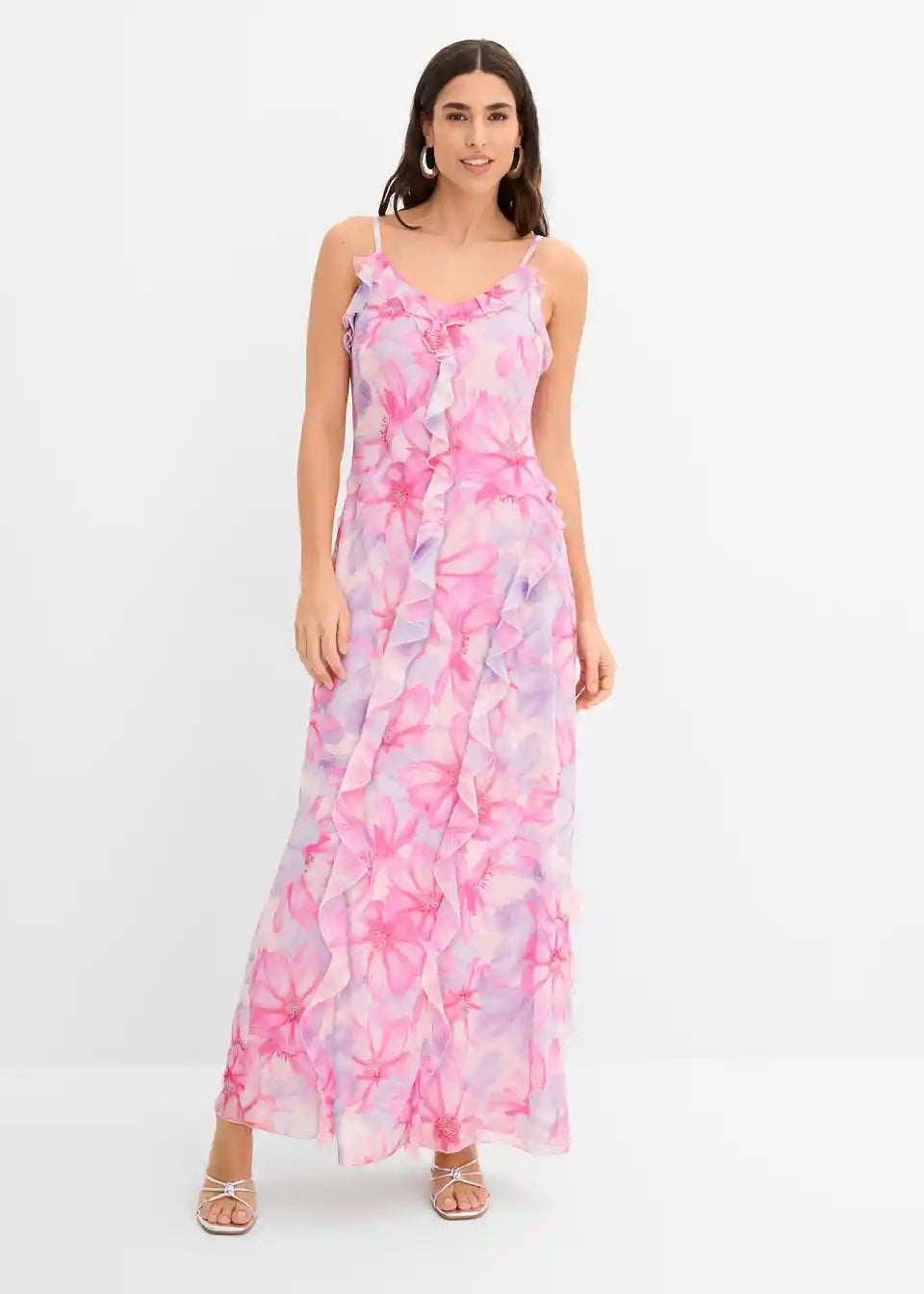 Damen Maxi-Kleid mit Blumenmuster | Sommerkleid mit Rüschen-V-Ausschnitt &amp; Spaghettiträgern | Luftiges Freizeitkleid