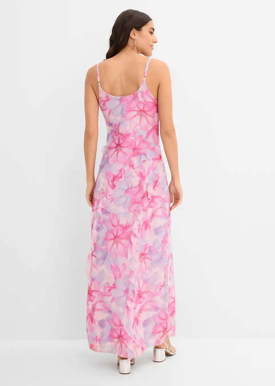 Damen Maxi-Kleid mit Blumenmuster | Sommerkleid mit Rüschen-V-Ausschnitt &amp; Spaghettiträgern | Luftiges Freizeitkleid