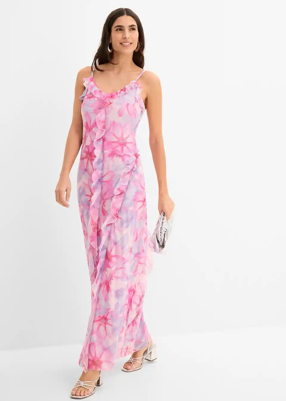 Damen Maxi-Kleid mit Blumenmuster | Sommerkleid mit Rüschen-V-Ausschnitt &amp; Spaghettiträgern | Luftiges Freizeitkleid