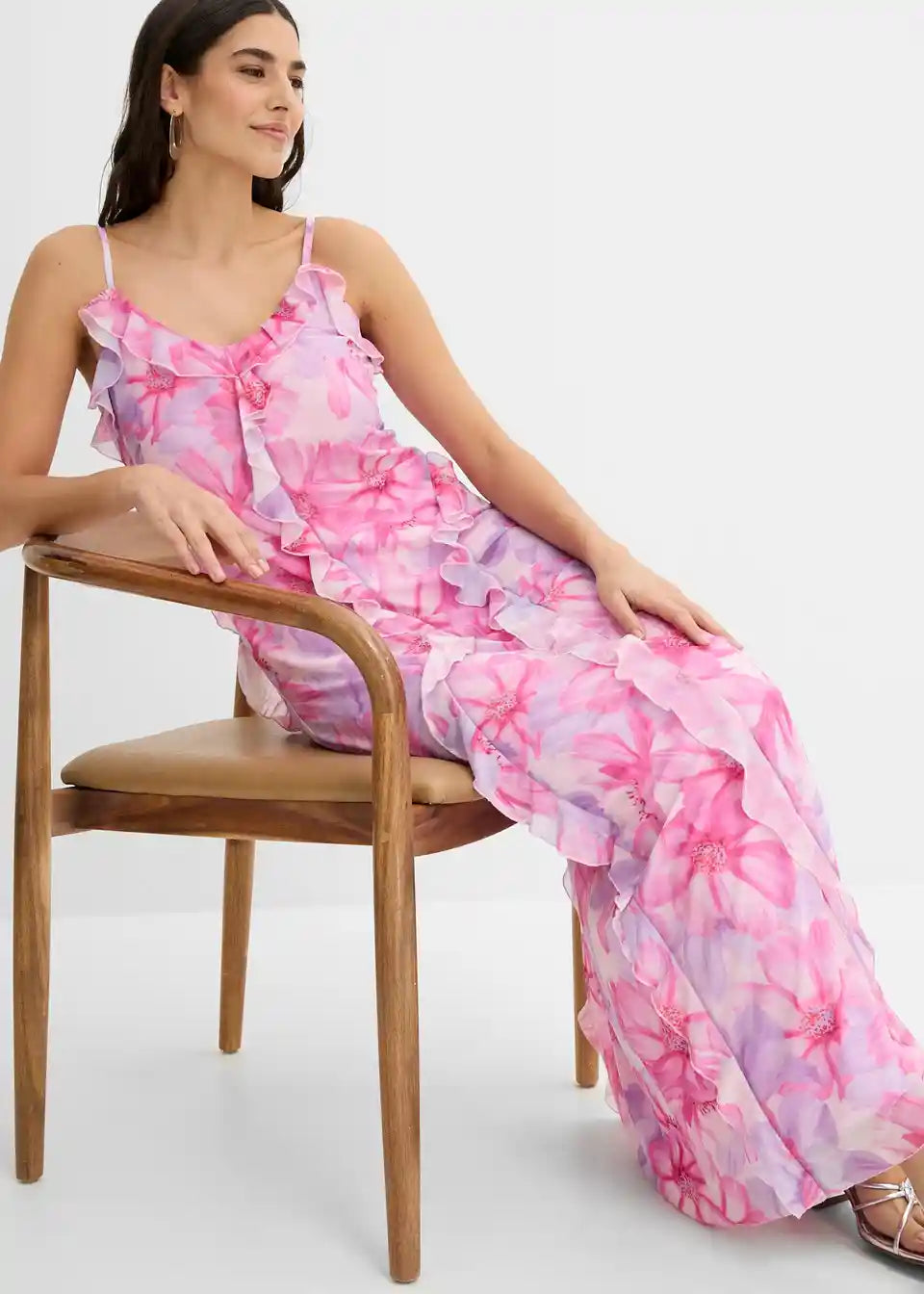 Damen Maxi-Kleid mit Blumenmuster | Sommerkleid mit Rüschen-V-Ausschnitt &amp; Spaghettiträgern | Luftiges Freizeitkleid