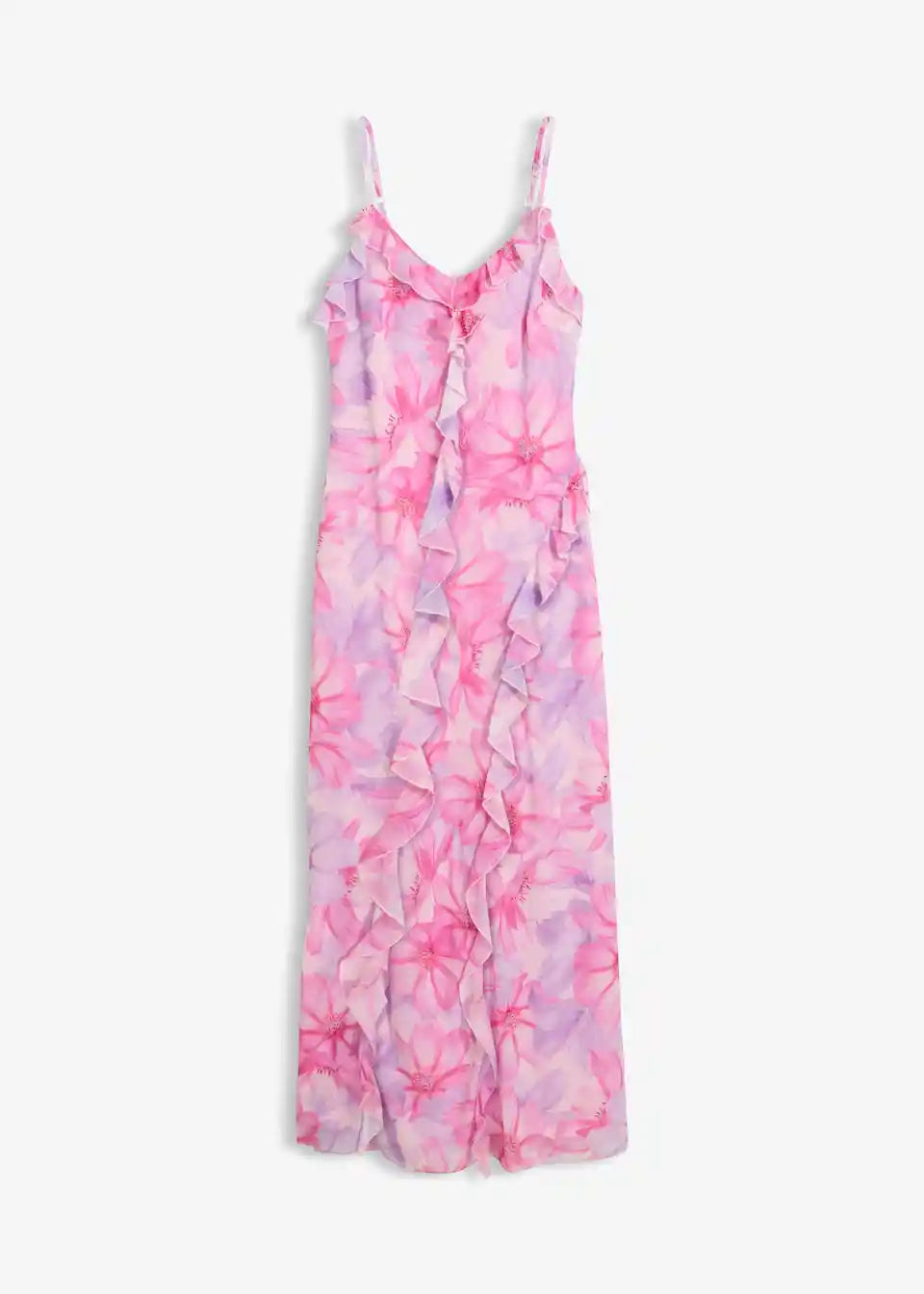 Damen Maxi-Kleid mit Blumenmuster | Sommerkleid mit Rüschen-V-Ausschnitt &amp; Spaghettiträgern | Luftiges Freizeitkleid