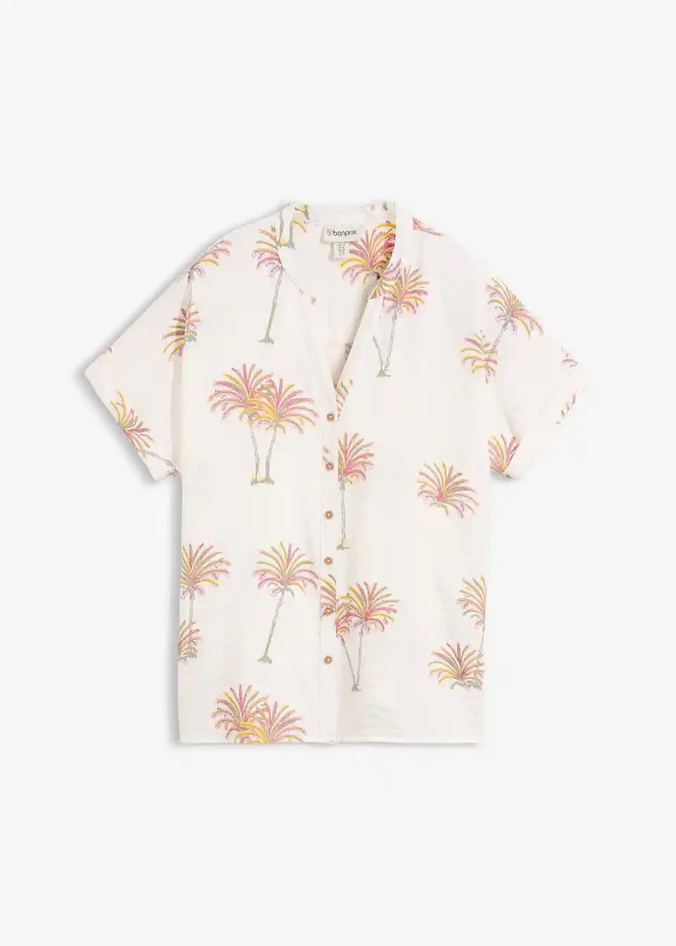 Damen Kurzarmbluse mit Palmen-Print | Leichte Bluse mit Hemdkragen &amp; Knopfleiste | Sommerbluse für Freizeit &amp; Urlaub