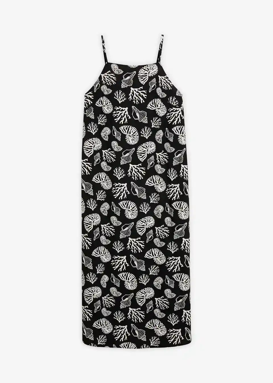 Damen Midi-Kleid mit Muschelmuster | Luftiges Sommerkleid mit Spaghettiträgern | Viskosekleid für Urlaub &amp; Strand