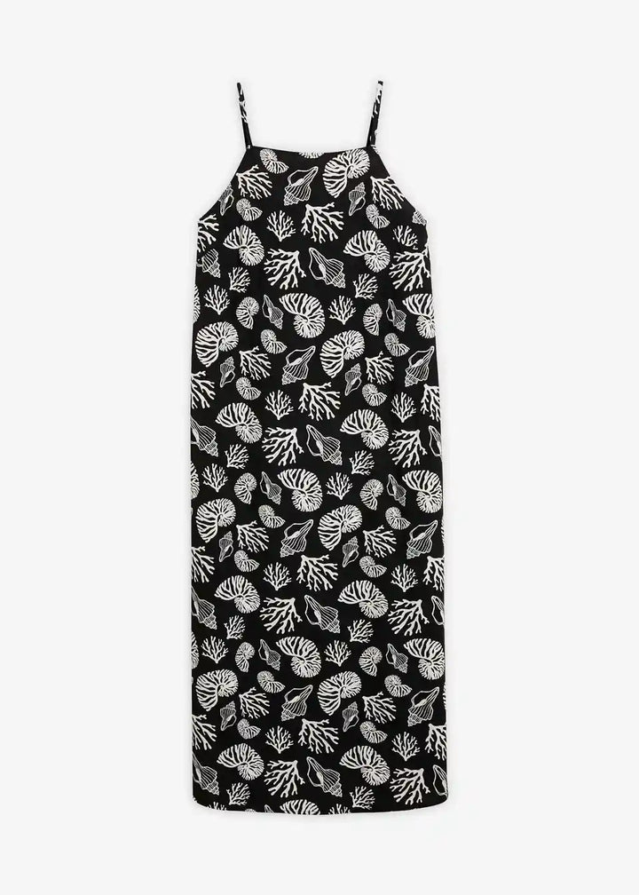 Damen Midi-Kleid mit Muschelmuster | Luftiges Sommerkleid mit Spaghettiträgern | Viskosekleid für Urlaub &amp; Strand