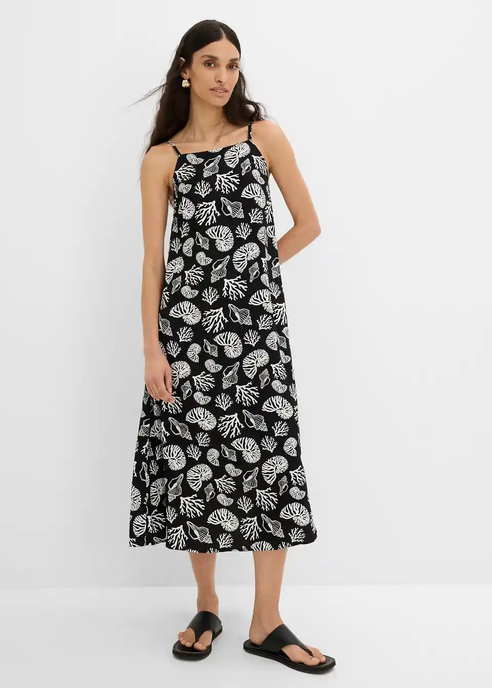 Damen Midi-Kleid mit Muschelmuster | Luftiges Sommerkleid mit Spaghettiträgern | Viskosekleid für Urlaub &amp; Strand