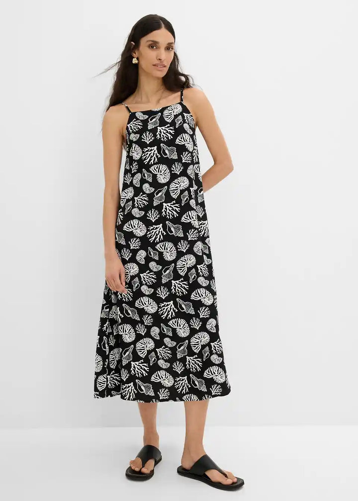 Damen Midi-Kleid mit Muschelmuster | Luftiges Sommerkleid mit Spaghettiträgern | Viskosekleid für Urlaub &amp; Strand