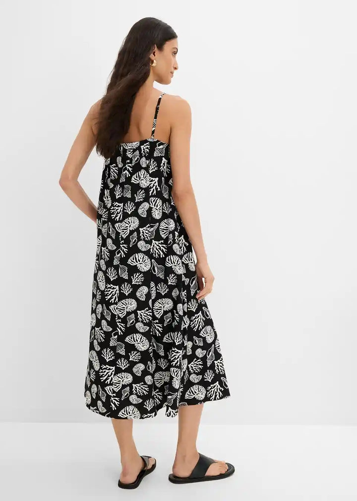 Damen Midi-Kleid mit Muschelmuster | Luftiges Sommerkleid mit Spaghettiträgern | Viskosekleid für Urlaub &amp; Strand