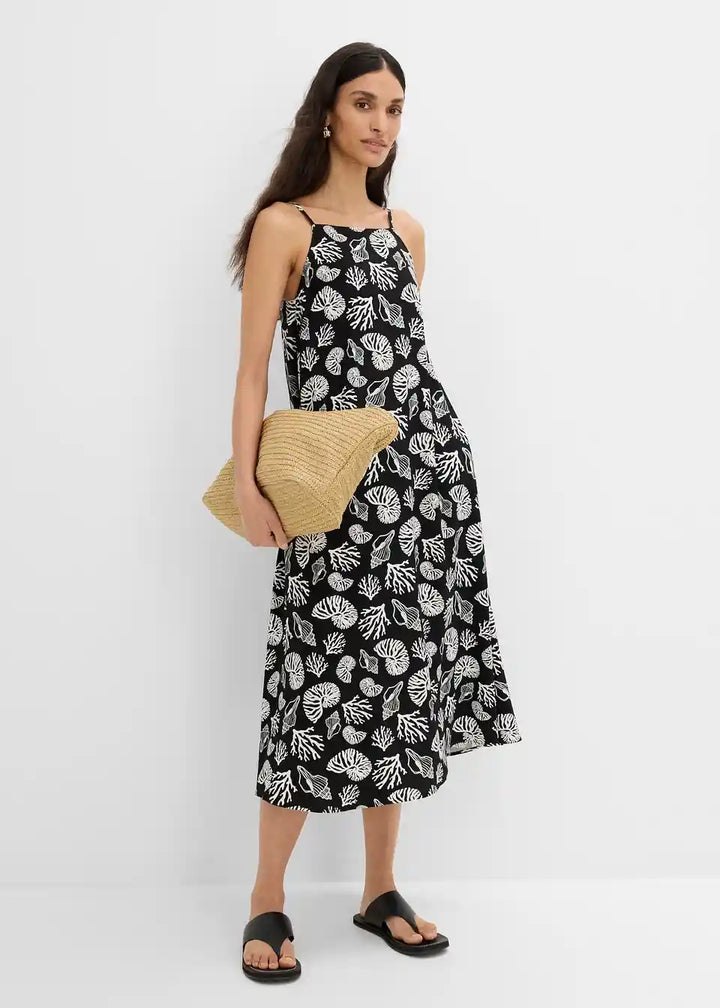 Damen Midi-Kleid mit Muschelmuster | Luftiges Sommerkleid mit Spaghettiträgern | Viskosekleid für Urlaub &amp; Strand