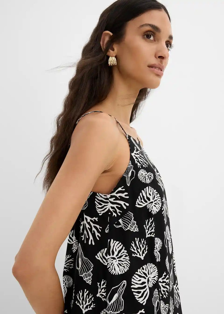 Damen Midi-Kleid mit Muschelmuster | Luftiges Sommerkleid mit Spaghettiträgern | Viskosekleid für Urlaub &amp; Strand