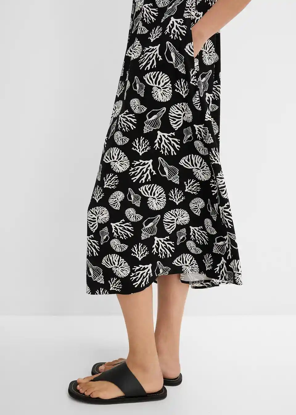 Damen Midi-Kleid mit Muschelmuster | Luftiges Sommerkleid mit Spaghettiträgern | Viskosekleid für Urlaub &amp; Strand