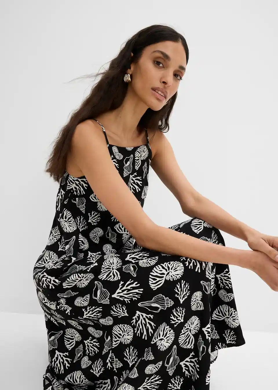 Damen Midi-Kleid mit Muschelmuster | Luftiges Sommerkleid mit Spaghettiträgern | Viskosekleid für Urlaub &amp; Strand