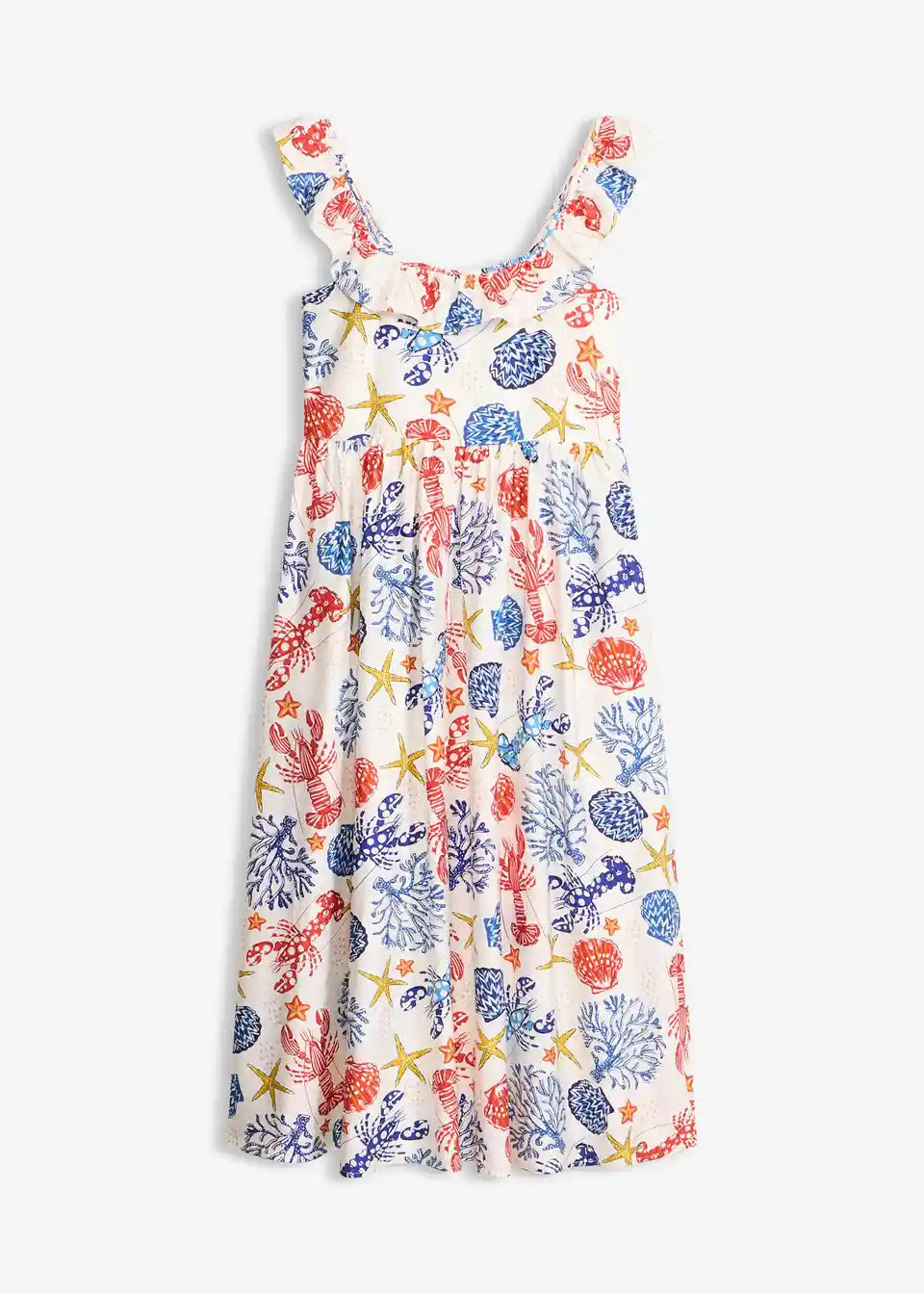 Damen Maxikleid mit Meerestier-Print | Luftiges Sommerkleid mit Rüschen-Trägern | Lockeres Freizeitkleid für Urlaub &amp; Strand