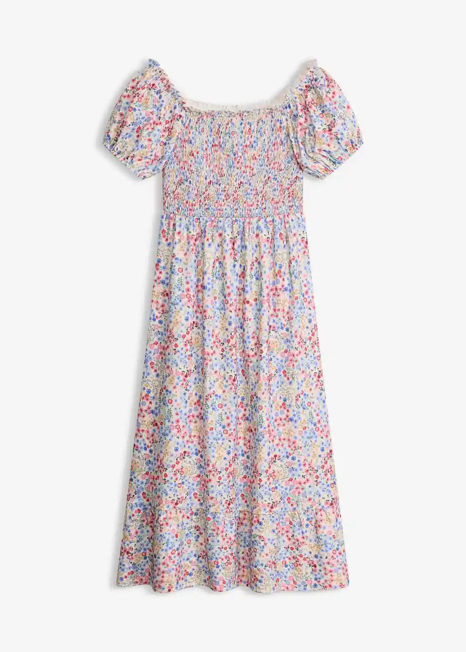 Damen Off-Shoulder Midikleid mit Blumenmuster | Luftiges Sommerkleid | Lockeres Freizeitkleid für Urlaub &amp; Gartenparty