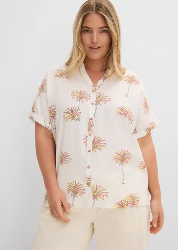 Damen Kurzarmbluse mit Palmen-Print | Leichte Bluse mit Hemdkragen &amp; Knopfleiste | Sommerbluse für Freizeit &amp; Urlaub