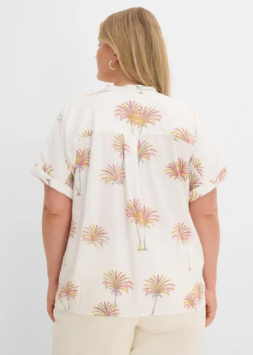 Damen Kurzarmbluse mit Palmen-Print | Leichte Bluse mit Hemdkragen &amp; Knopfleiste | Sommerbluse für Freizeit &amp; Urlaub
