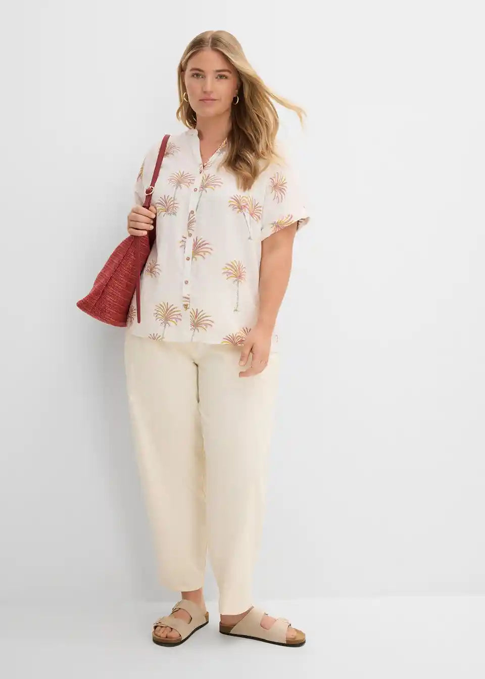 Damen Kurzarmbluse mit Palmen-Print | Leichte Bluse mit Hemdkragen &amp; Knopfleiste | Sommerbluse für Freizeit &amp; Urlaub