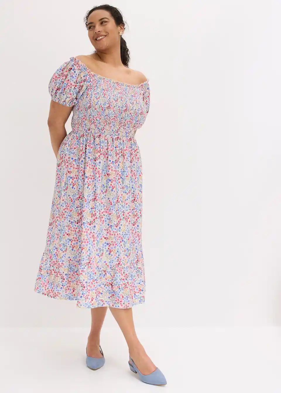 Damen Off-Shoulder Midikleid mit Blumenmuster | Luftiges Sommerkleid | Lockeres Freizeitkleid für Urlaub &amp; Gartenparty