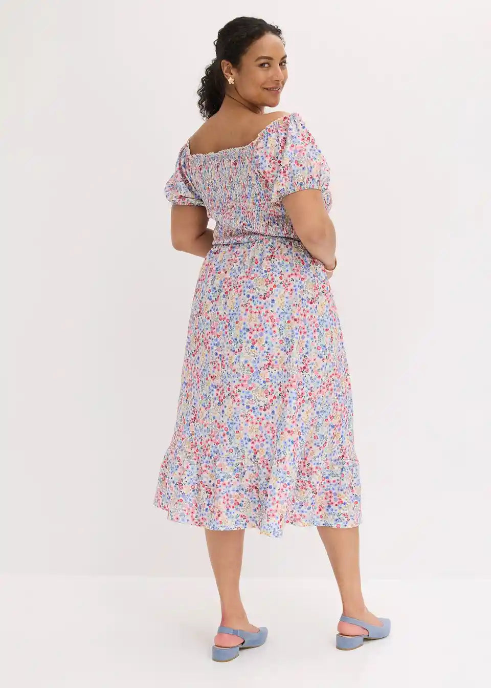 Damen Off-Shoulder Midikleid mit Blumenmuster | Luftiges Sommerkleid | Lockeres Freizeitkleid für Urlaub &amp; Gartenparty