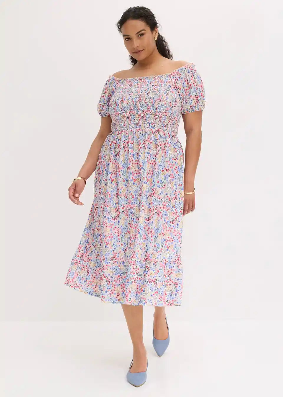 Damen Off-Shoulder Midikleid mit Blumenmuster | Luftiges Sommerkleid | Lockeres Freizeitkleid für Urlaub &amp; Gartenparty