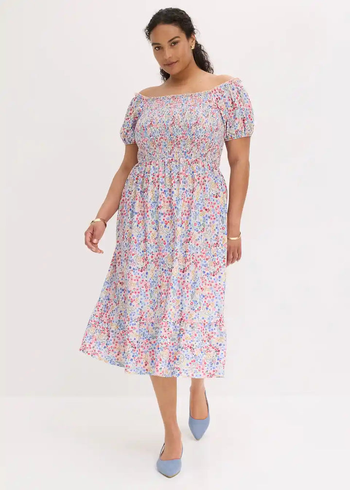 Damen Off-Shoulder Midikleid mit Blumenmuster | Luftiges Sommerkleid | Lockeres Freizeitkleid für Urlaub &amp; Gartenparty