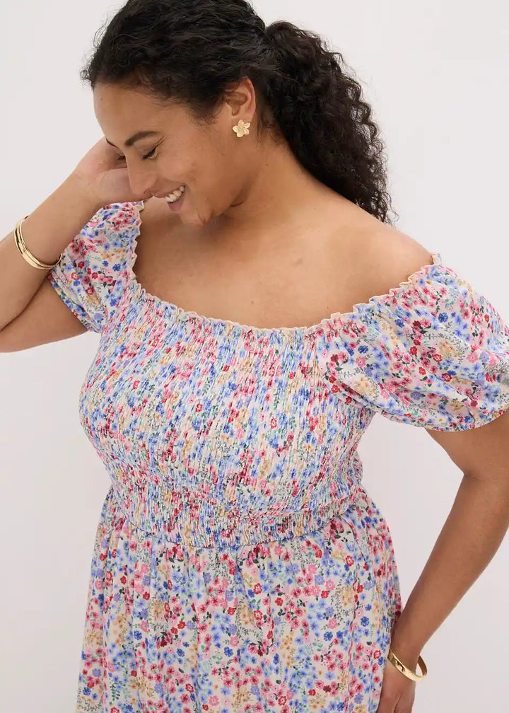 Damen Off-Shoulder Midikleid mit Blumenmuster | Luftiges Sommerkleid | Lockeres Freizeitkleid für Urlaub &amp; Gartenparty