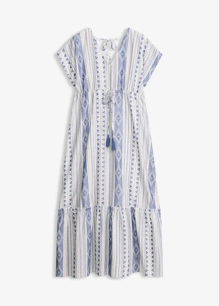 Damen Maxikleid mit Ethno-Streifen | Luftiges Sommerkleid mit Taillenband | Lockeres Freizeitkleid für Urlaub &amp; Strand