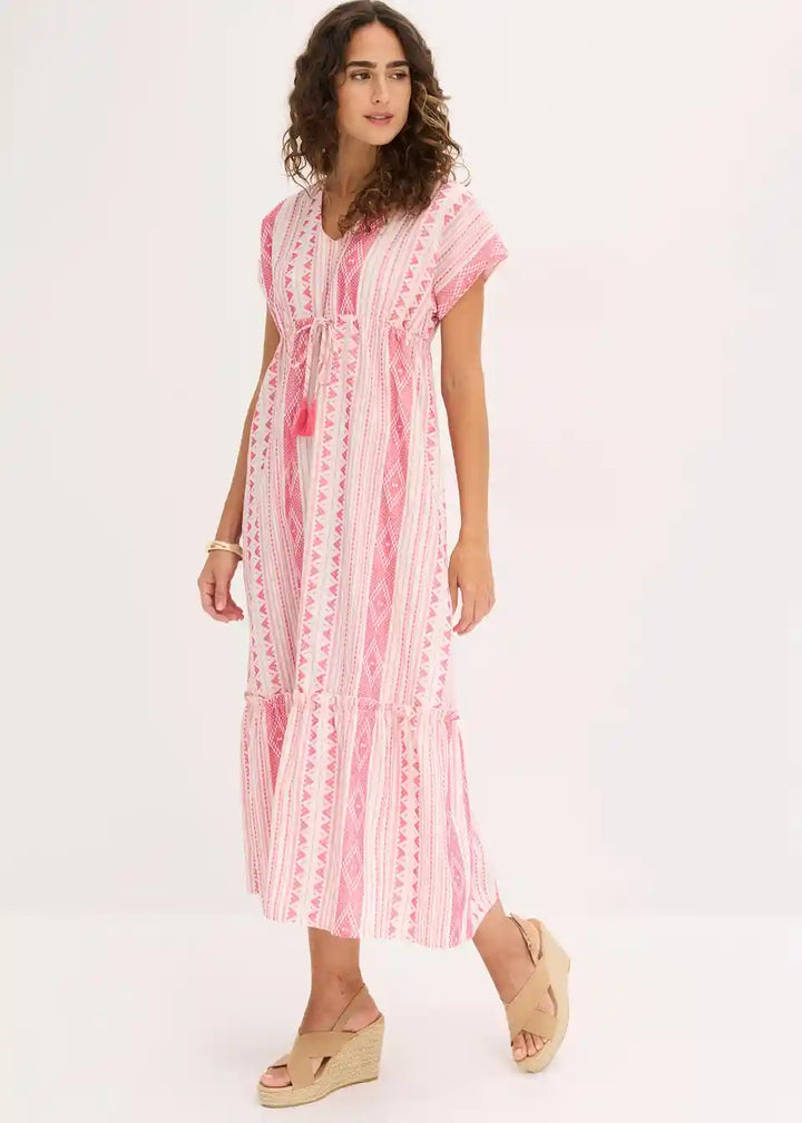 Damen Maxikleid mit Ethno-Streifen | Luftiges Sommerkleid mit Taillenband | Lockeres Freizeitkleid für Urlaub &amp; Strand