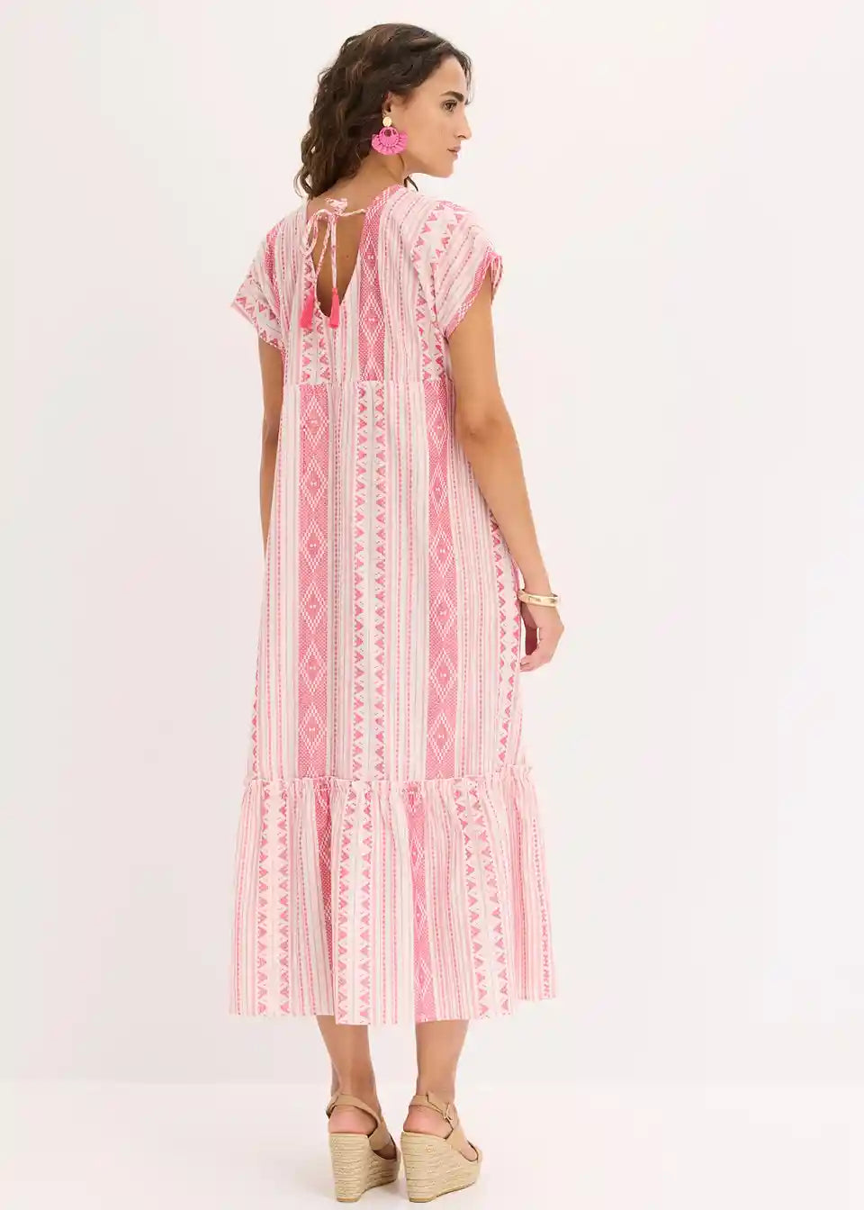 Damen Maxikleid mit Ethno-Streifen | Luftiges Sommerkleid mit Taillenband | Lockeres Freizeitkleid für Urlaub &amp; Strand