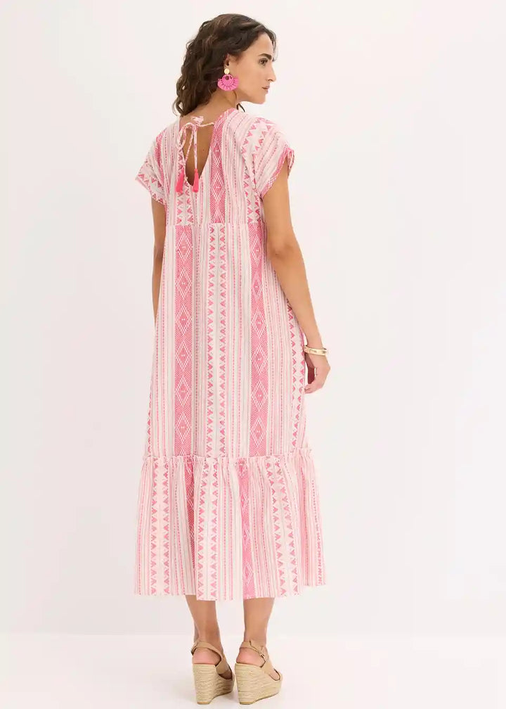Damen Maxikleid mit Ethno-Streifen | Luftiges Sommerkleid mit Taillenband | Lockeres Freizeitkleid für Urlaub &amp; Strand