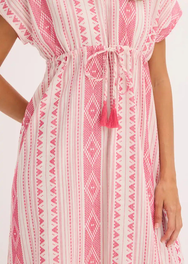 Damen Maxikleid mit Ethno-Streifen | Luftiges Sommerkleid mit Taillenband | Lockeres Freizeitkleid für Urlaub &amp; Strand