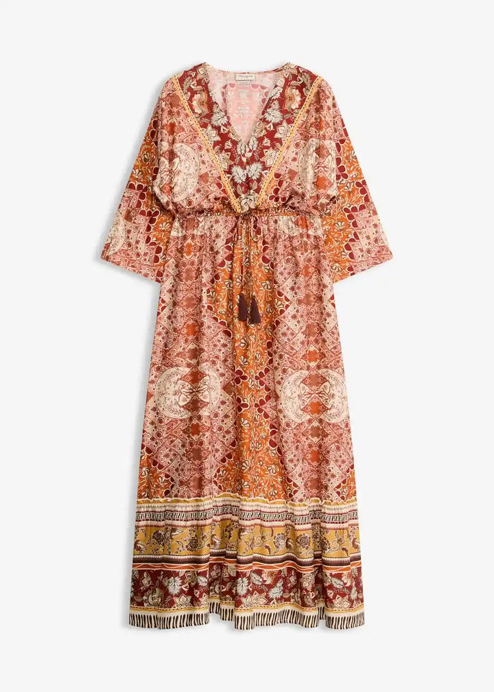Damen Boho Maxikleid mit Ethno-Muster | Luftiges Sommerkleid mit 3/4-Ärmeln | Lockeres Freizeitkleid für Urlaub