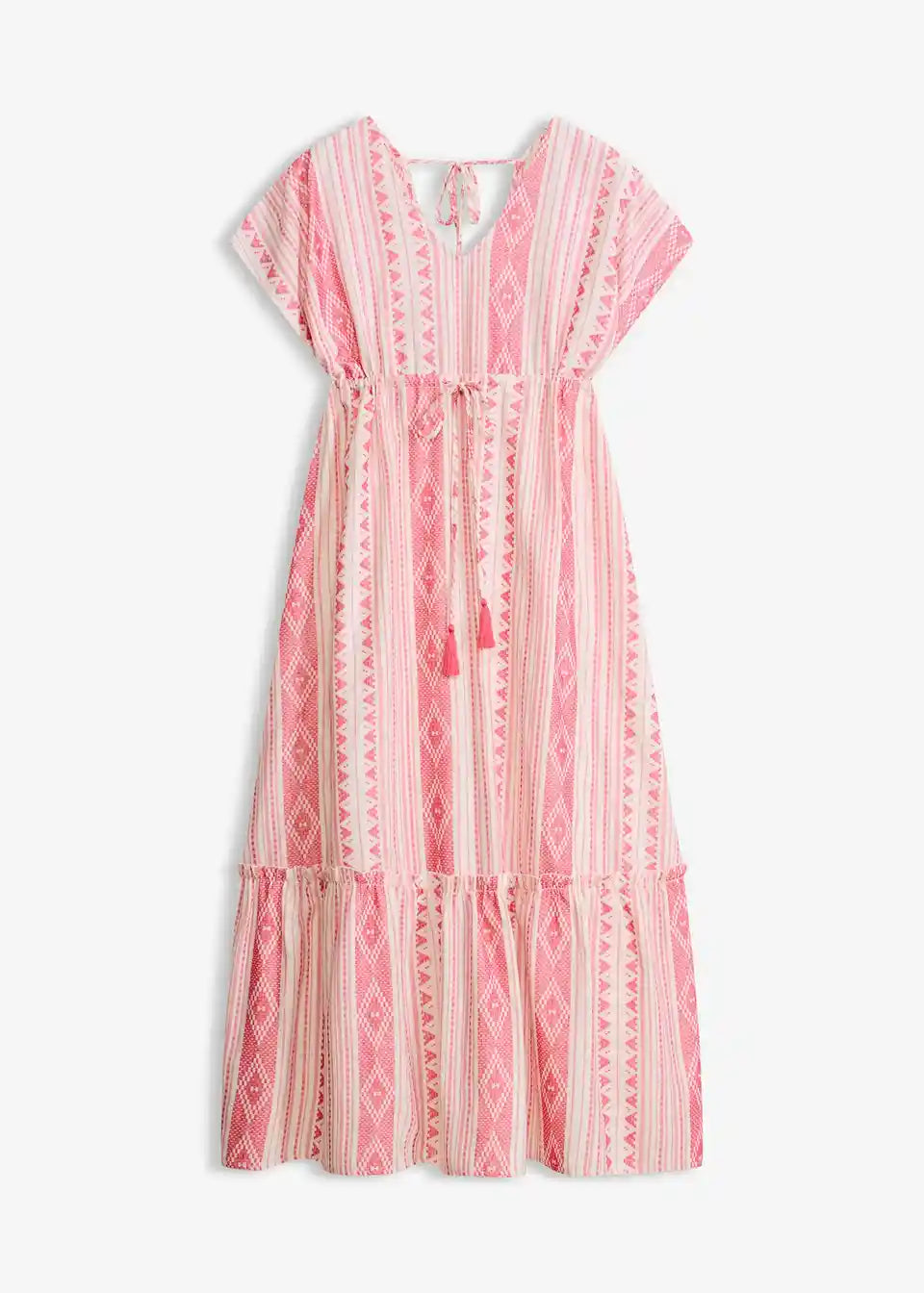 Damen Maxikleid mit Ethno-Streifen | Luftiges Sommerkleid mit Taillenband | Lockeres Freizeitkleid für Urlaub &amp; Strand