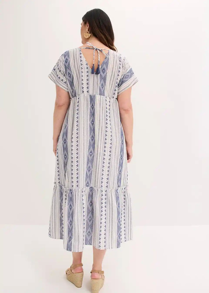 Damen Maxikleid mit Ethno-Streifen | Luftiges Sommerkleid mit Taillenband | Lockeres Freizeitkleid für Urlaub &amp; Strand