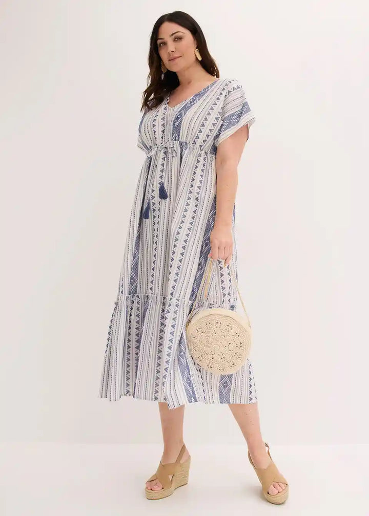 Damen Maxikleid mit Ethno-Streifen | Luftiges Sommerkleid mit Taillenband | Lockeres Freizeitkleid für Urlaub &amp; Strand